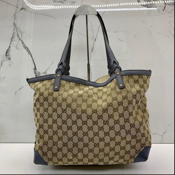 GUCCI beige blue canvas Tote Bag - Picture 1 of 14